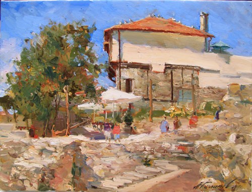 Painting by Azat Galimov  Nesebr. The House beside roman ruins. 