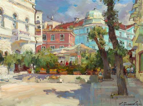 Painting Azat Galimov   Summer day on the street Tsaribrod. Varna.