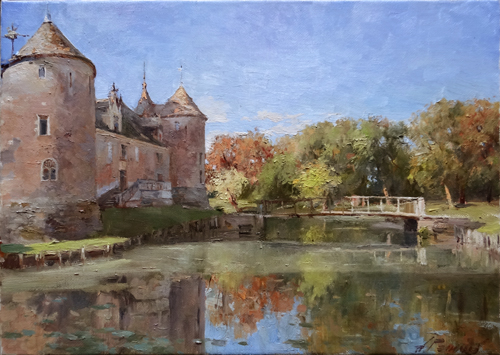 Painting by Azat Galimov.Castles of Loire. At the fortress walls Chateau d'Ainay-le-Vieil.