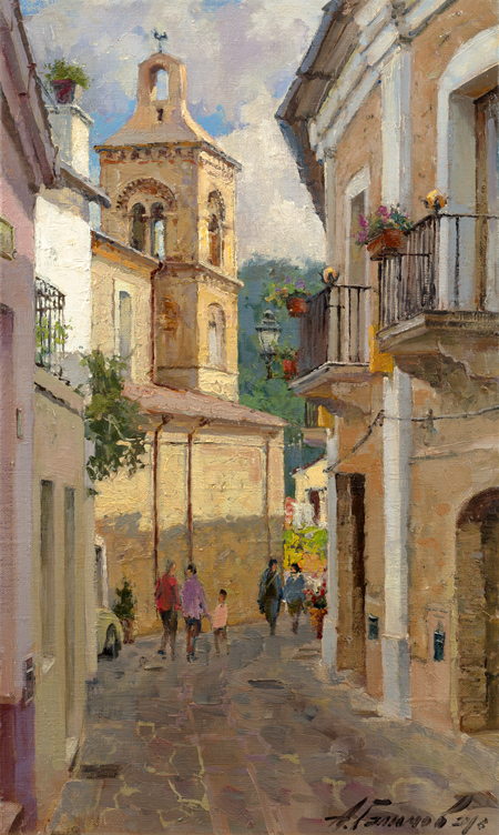 Paintings Azat Galimov. View of the tower Mother Church. Rocca Imperiale. Calabria.