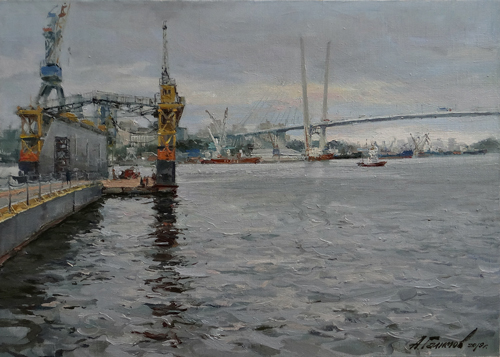 Painting by Azat Galimov.Misty morning in the Golden Horn. Vladivostok.
