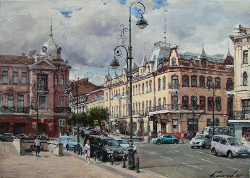 Painting by Azat Galimov.From the life of the city. Vladivostok, Svetlanskaya street.