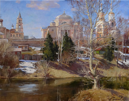 Painting by the artist Azat Galimov. Spring day on the Tvertsa river. View of the Borisoglebsky monastery