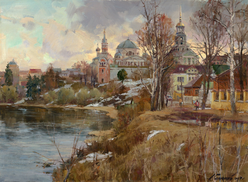 Painting by the artist Azat Galimov.Evening over the Borisoglebsky Monastery. Torzhok. 