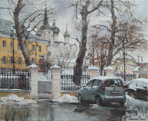 Painting by the artist Azat Galimov. Moscow courtyard. Starosadsky Lane. 