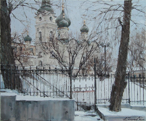 Painting by the artist Azat Galimov. Winter day in Starosadsky Lane, Moscow. 