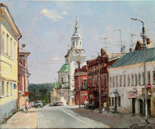 Painting by the artist Azat Galimov. Morning coffee on Leo Tolstoy street. View of the Church of the Transfiguration, Yelets