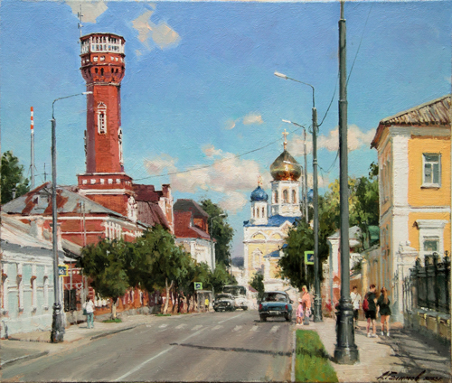 Painting by the artist Azat Galimov. Fire station at the Ascension Cathedral. Yelets