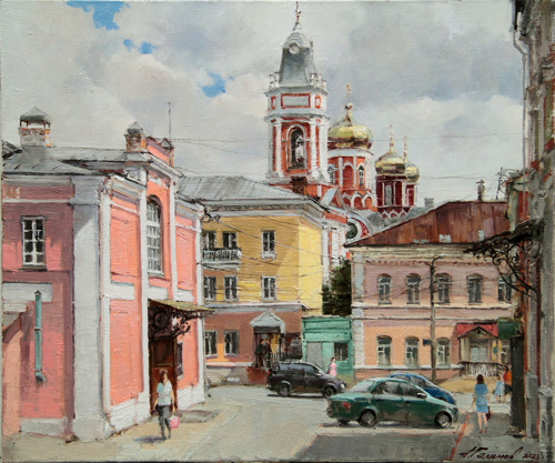 Painting by the artist Azat Galimov. Yelets. On Sverdlov street. Church of the Archangel Michael