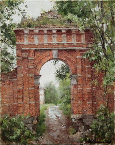 Painting by the artist Azat Galimov. Entrance gate arch in the Muromtsev estate. Balovnevo village.