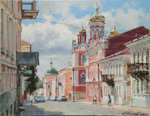 Painting by the artist Azat Galimov. View of the Church of the Archangel Michael