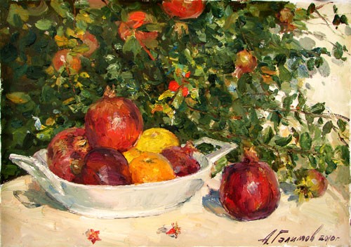 Painting Azat Galimov.Pomegranates and oranges.