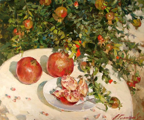 Painting Azat Galimov.Still Life under a pomegranate tree.