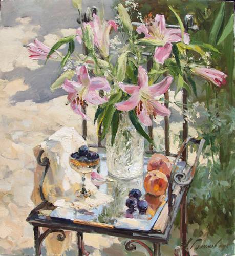 Painting Azat Galimov.Bulgarian lilies. Still life in the garden.