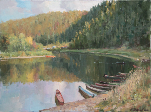 Painting, Painting by artist Azat Galimov for sale. Russian landscape. Kyn village, Ural
