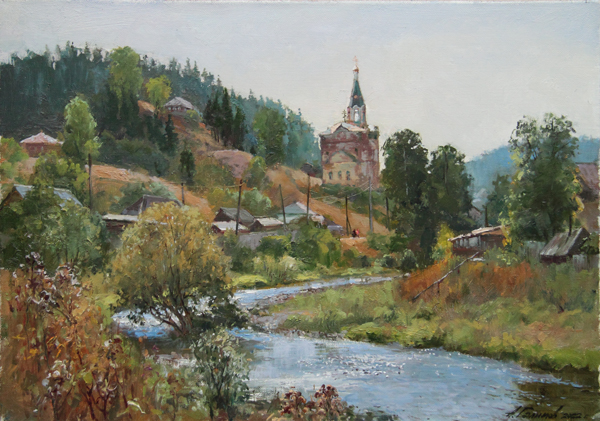 Painting, Painting by artist Azat Galimov for sale. Russian landscape. Kyn village, Ural