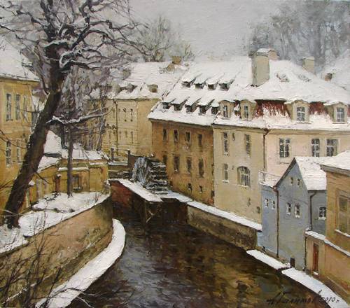 Painting by Azat Galimov . Prague. The River CHertovka. 