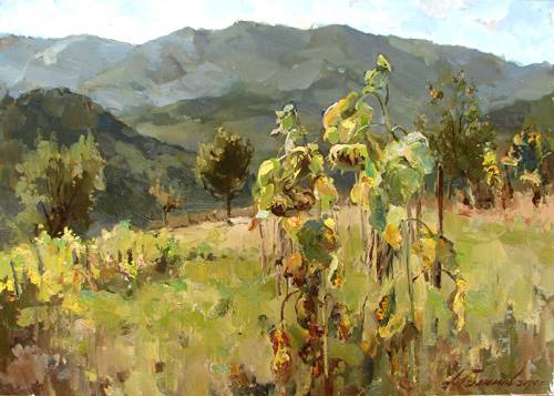 Painting by Azat Galimov Mountain Bulgaria. Fall sunflowers. 