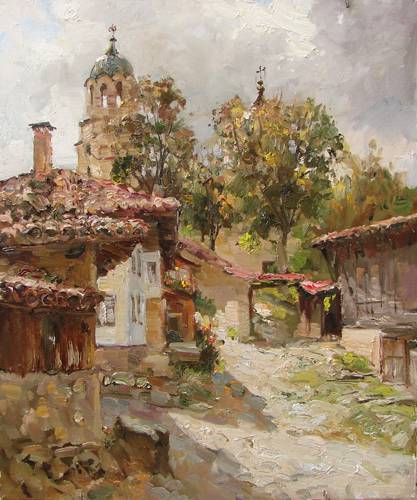 Painting by Azat Galimov Mountain Bulgaria, town of Elena. View of the Assumption church.