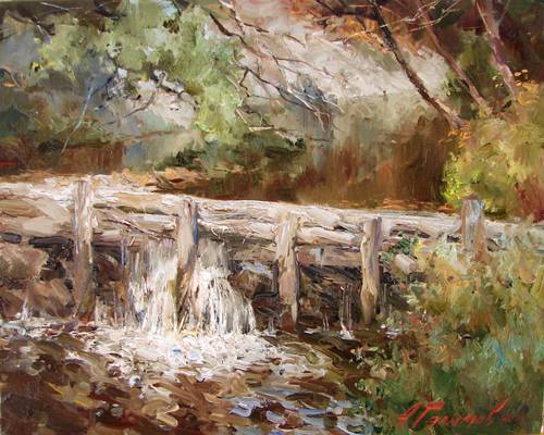 Painting by Azat Galimov Mountain Bulgaria. Dam on a river in the village Tanchevtsi.