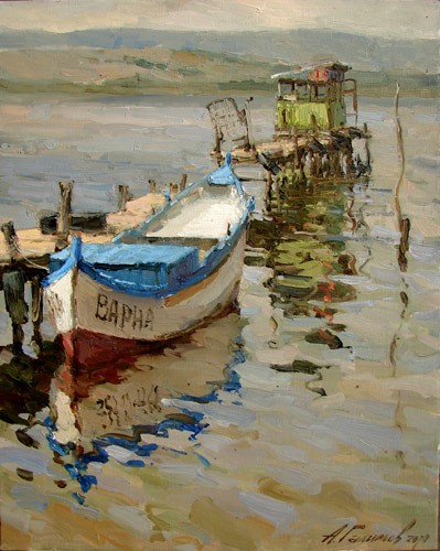 Painting by Azat Galimov Boat on the lake Devnenskom. Bulgaria.  