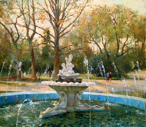 Painting by Azat Galimov The Evening beside fountain. The Sea Garden. Varna.