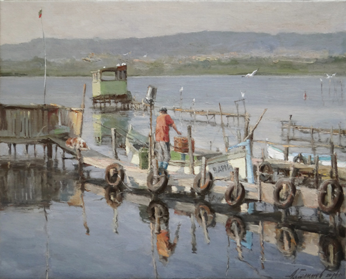 Painting Azat Galimov  A quiet evening at the Varna lake. Zvezditsa, Bulgaria.