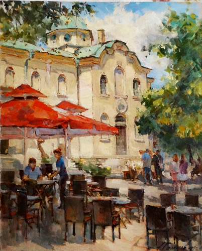 Painting by Azat Galimov Cafe at the church of St. Nicholas. Varna.