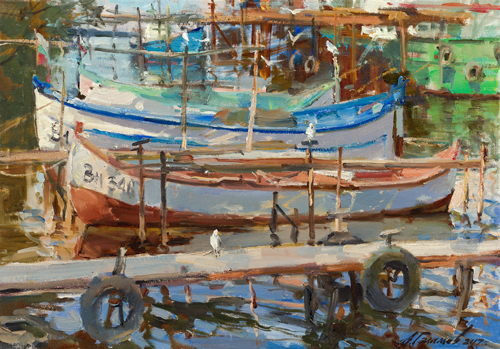  Картина Азата Галимова. Лодки, чайки. Аспарухово. 