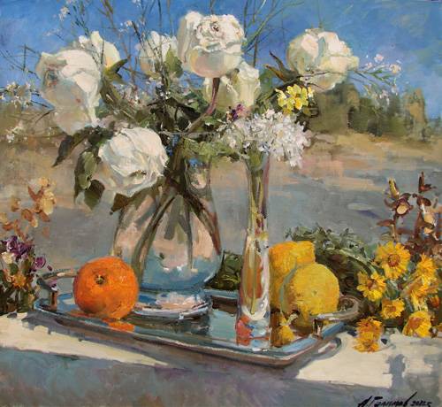 Painting Azat Galimov. The Still life with white roses.  Cyprus.   