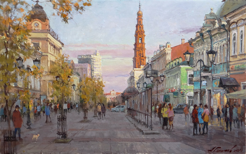 Painting by Azat Galimov.Walk around Kazan. View of the tower of the Epiphany Cathedral.
