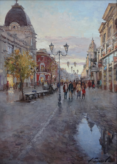 Painting by Azat Galimov.Evening Kazan. Bauman Street.