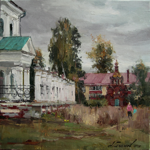 Painting by Azat Galimov.Elabuga is autumn. Behind the Spassky Cathedral.