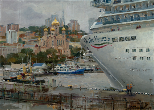 Картина Азата Галимова. Costa Venezia в порту Владивостока.