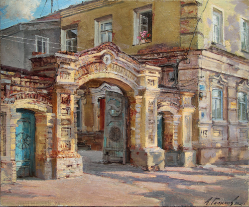 Painting by Azat Galimov.Ancient gate on Leo Tolstoy street. Chistopol.