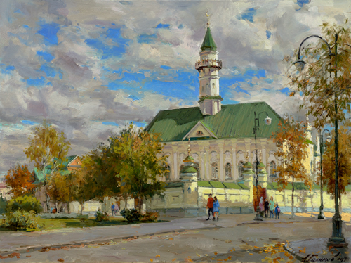 Painting by Azat Galimov.The sky above the minaret. Novo-Tatar settlement, Al Marjani Mosque.