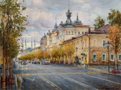 Painting by Azat Galimov.On the Kremlin street. Autumn Kazan series.