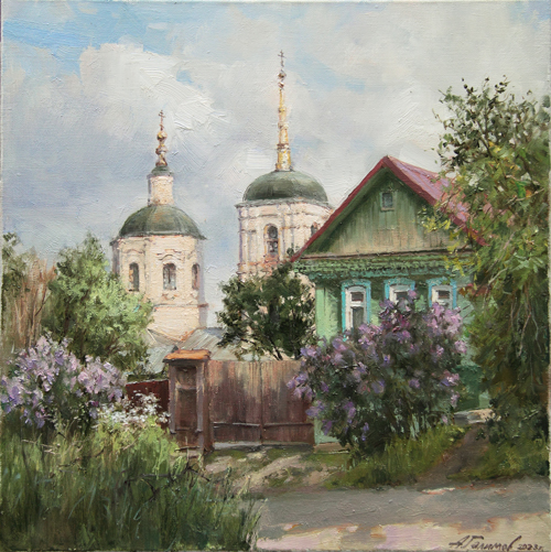 Картина Азата Галимова. Весна в Ельце.  Детский переулок.  Введенская церковь.