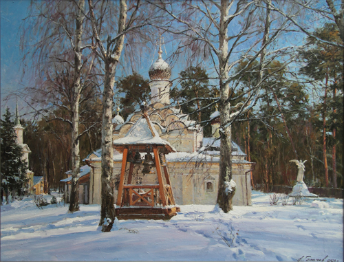 Painting by the artist Azat Galimov. Sunny winter day. Arkhangelskoe. 