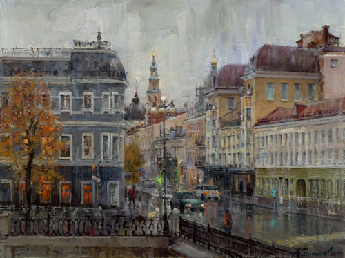 Painting by Azat Galimov.Rain on the Bulak embankment. Autumn Kazan series.