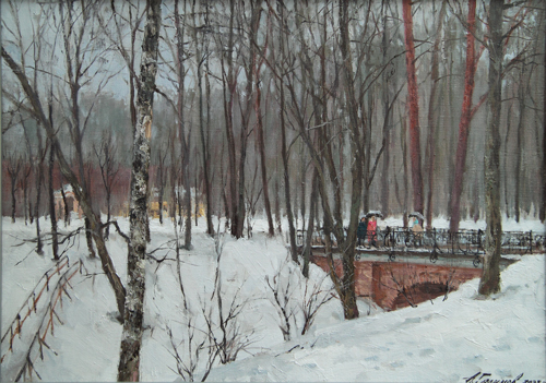 Painting by the artist Azat Galimov. Evening on the banks of the Old Moscow River. 