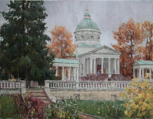 Painting by the artist Azat Galimov. Rain in Arkhangelskoye. Temple-tomb of the Yusupovs. 