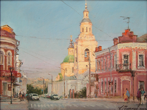 Painting by the artist Azat Galimov. Evening view of the Transfiguration Church. Yeletsky stories series