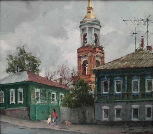 Painting by Azat Galimov . Above Lenin Street. View of the bell tower of the Assumption Church.Yelets.