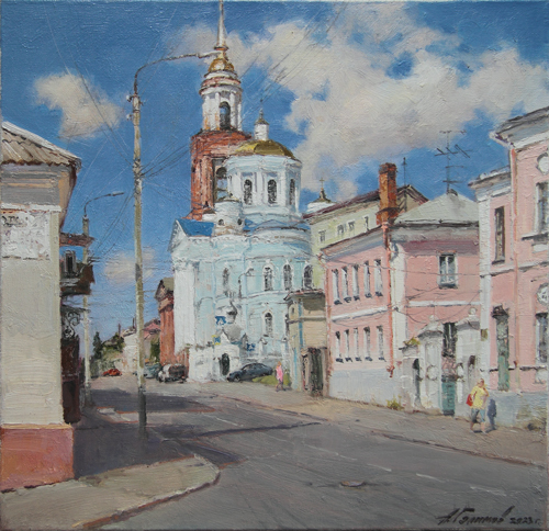 Painting by the artist Azat Galimov. Light over the Temple. Church of the Assumption of the Blessed Virgin Mary. Yeletsky stories series
