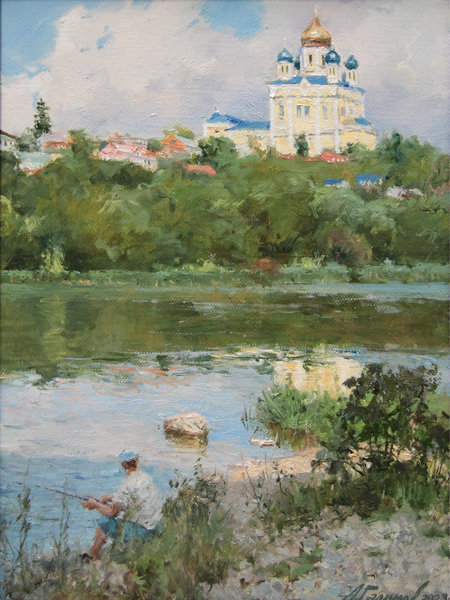 Painting by Azat Galimov. Quiet fishing. Yeletsky stories series.