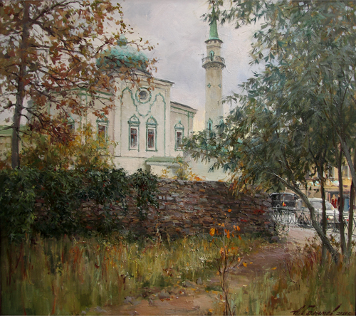 Painting by Azat Galimov.Nurulla Mosque. Old Tatar settlement. Kazan.