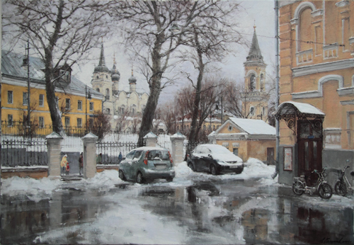 Painting by the artist Azat Galimov.Moscow thaw. Starosadsky Lane. 