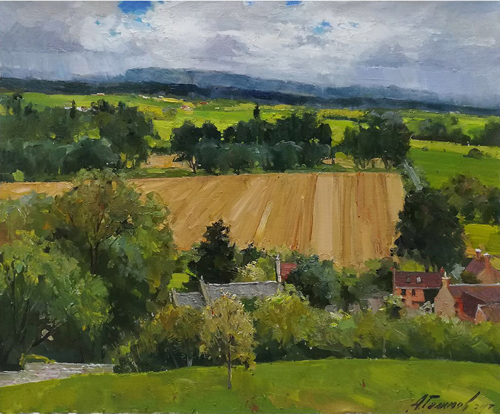Painting by Azat Galimov. Artwork  View of the fields of Burrowbridge village from Burrow Mump. 