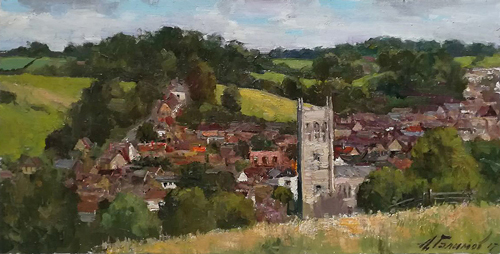 Painting by Azat Galimov. Artwork A view of the tower of St. Mary's Church in Bruton, Somerset. 